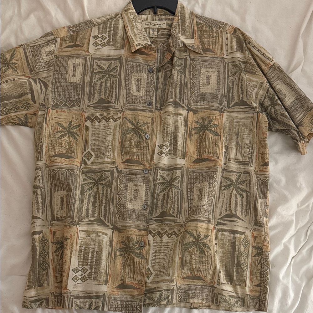 Tori Richard Olive & Beige Palm Block Print Camp Shirt